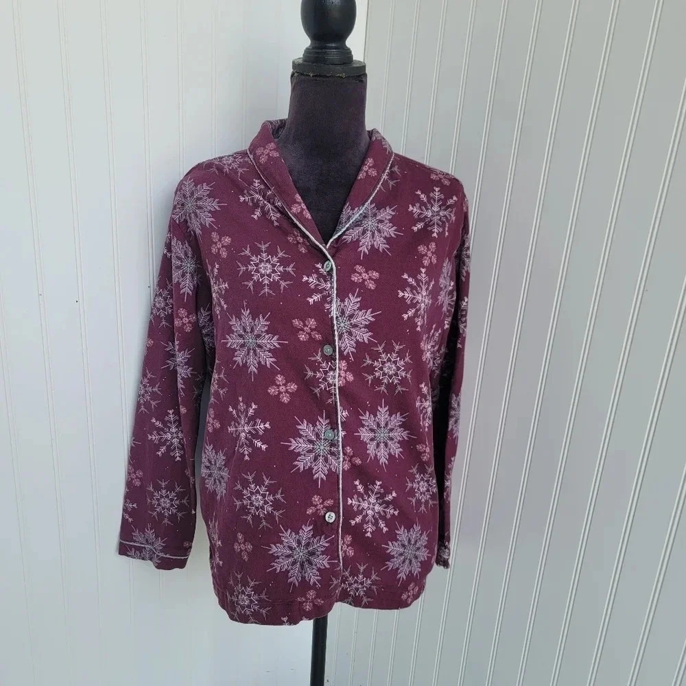 Jockey Woman's Purple Blue Shirt Woven Snowflake Sleep Wear Button Down Sz L